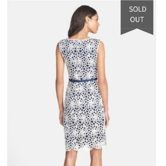 Tadashi Shoji White Overlay Navy Blue Sleeveless Sheath Dress Wedding Guest 10 - Picture 2 of 10